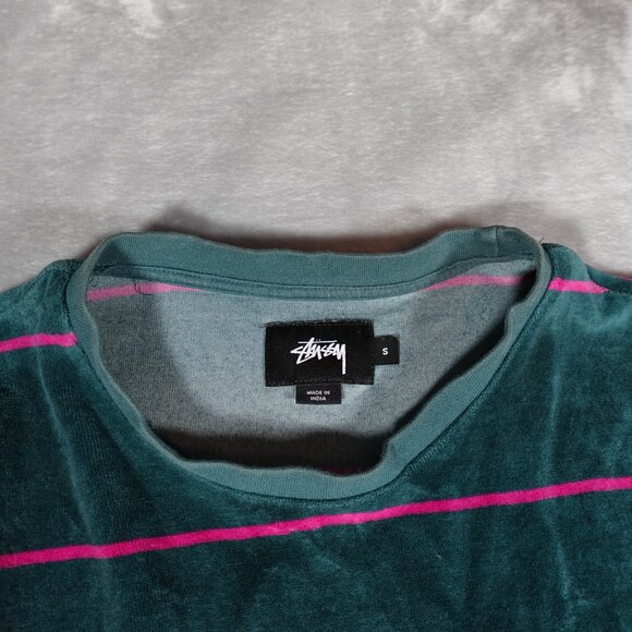 Stussy Velour Striped Sweatshirt Mens Small Crewneck Streetwear Green Pink - Picture 5 of 9